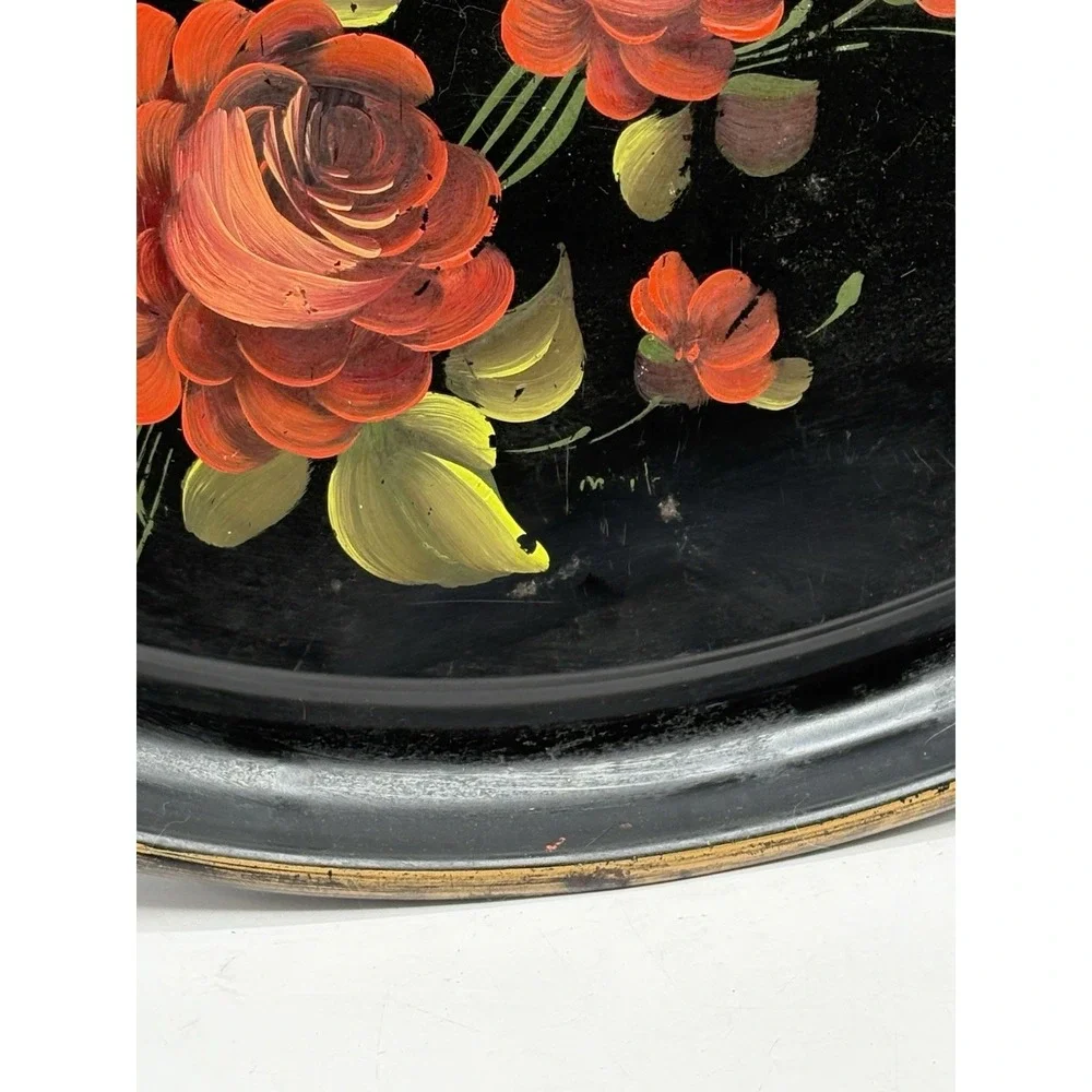 Vintage Mid Century Hand Painted Tole Metal Tray Rose Floral 16" Philadelphia - Picture 3 of 9